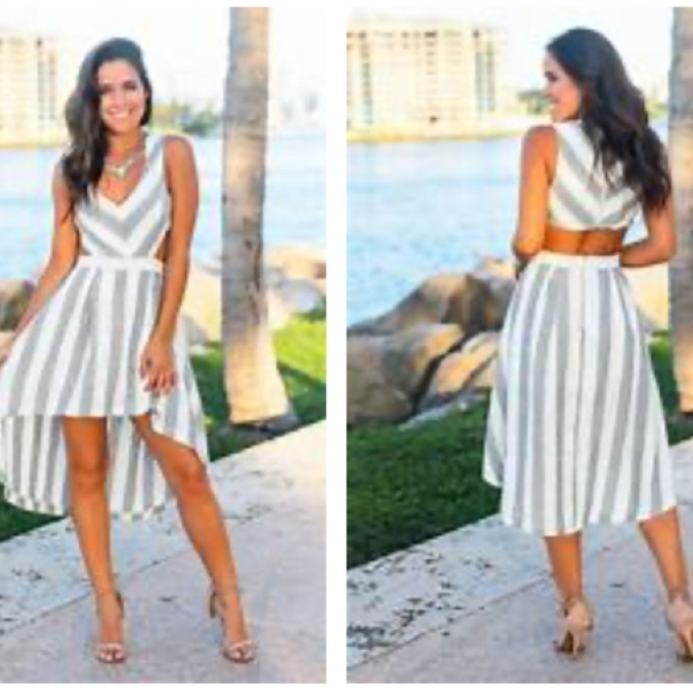 Vici L’atiste Grey and White Striped High Low Dress with Cutouts (Size Small)